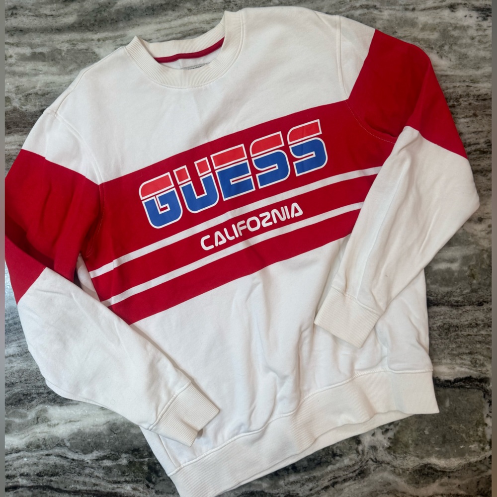 GUESS Men's Red and White Crewneck Sweater Size Medium